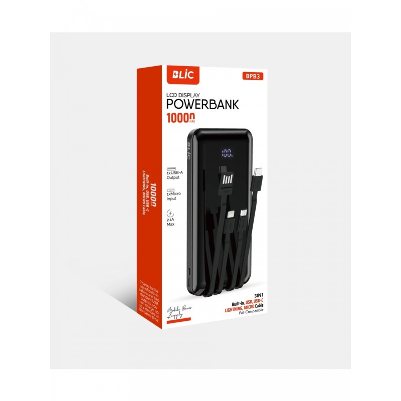 Blıc Bpb3 10.000 mAh LCD Ekranlı Powerbank | 3in1 Dahili Kablolu, 2.1A, Usb-A & Usb-C Girişli Blıc Bpb3 10.000 mAh LCD Ekranlı Powerbank | 3in1 Dahili Kablolu, 2.1A, Usb-A & Usb-C Girişli